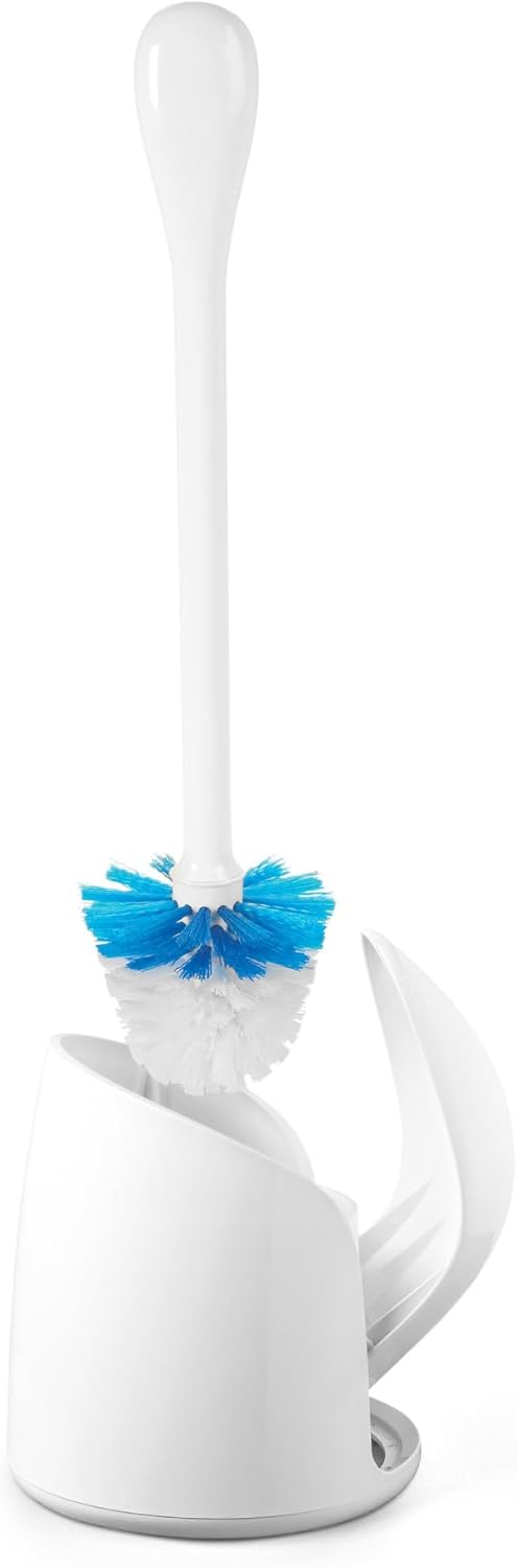 OXO Good Grips Compact Toilet Brush & Canister, Toilet Bowl Brush and Holder with Automatic Canister Door, Bathroom and Small Spaces Cleaning Supplies Essential