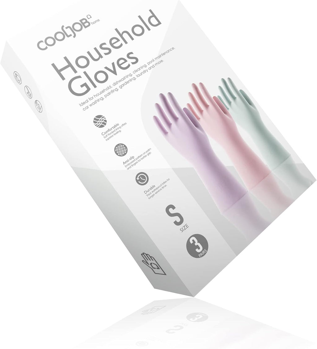 COOLJOB 3 Pairs Colorful Household Gloves with Cotton Liner & Non-slip Grip, Water Resistant Reusable Dish Washing Rubber Gloves for Kitchen & Bathroom Cleaning, Small