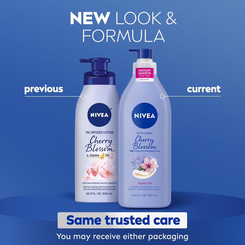 NIVEA Oil Infused Cherry Blossom and Jojoba Oil Body Lotion for Women, Fast-Absorbing and Non-Greasy Cherry Blossom Scented Lotion Moisturizes for 48 Hours, 16.9 Fl Oz Pump Bottle