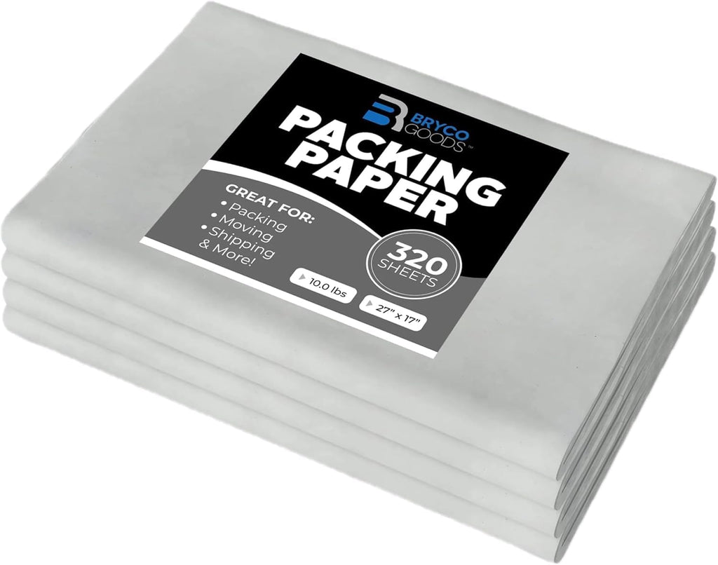 Bryco Goods Newsprint Packing Paper Sheets for Moving - 10lb - 320 Sheets of Newspaper Paper - Wrapping and Protecting Fragile Items, Box Filler, Shipping Supplies - 27" x 17" - Made in the USA