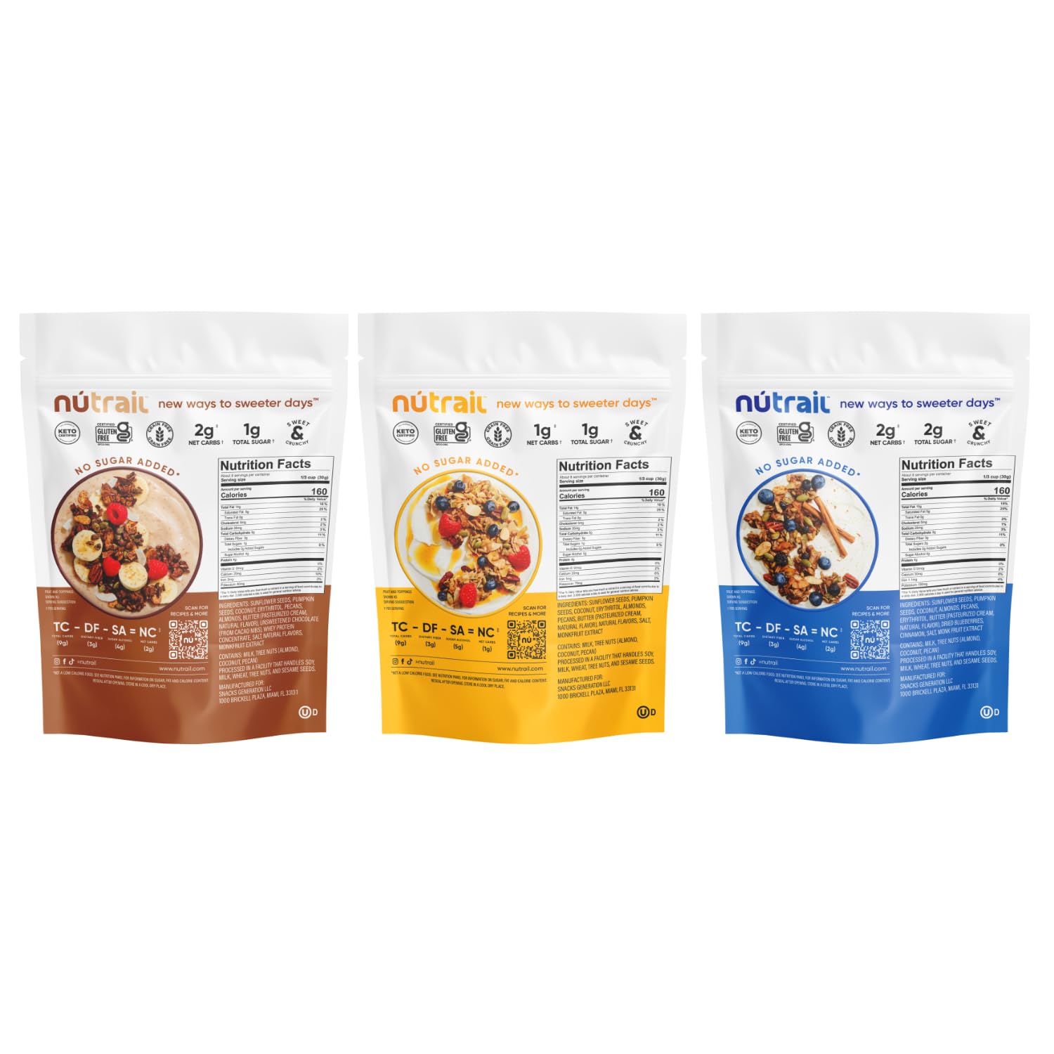 NuTrail Nut Granola Cereal, Variety Pack, No Sugar Added, Keto, Low Carb, Gluten Free, Grain Free, Healthy Breakfast 8 oz. 3 Count