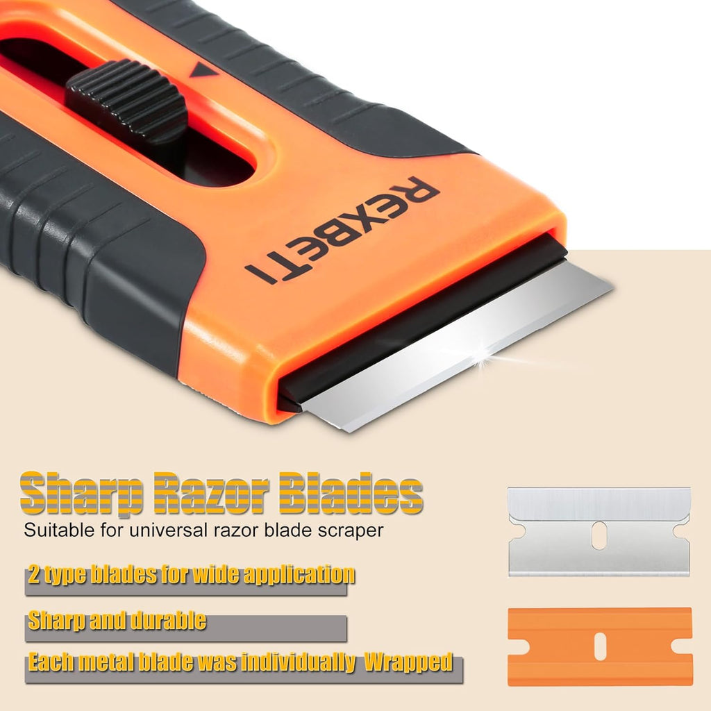 REXBETI Razor Blade Scraper Tool, 2 Pack Razor Scraper Set with Extra 80Pcs Razor Blades -30Pcs Metal and 50Pcs Plastic Blades, Cleaning Scraper Tool, Cooktop, Paint, Glass Scraper