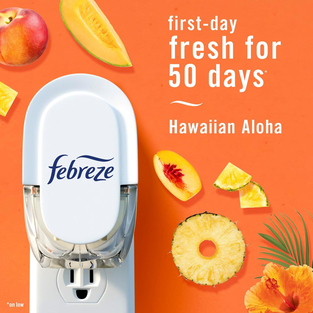 Febreze Plug In Air Freshener, Odor-Fighting Scented Oil Refill, Air Fresheners for Home and Bathroom and Kitchen, Long Lasting for Strong Odors, Hawaiian Aloha Scent, 0.87oz Refills, 3 Count