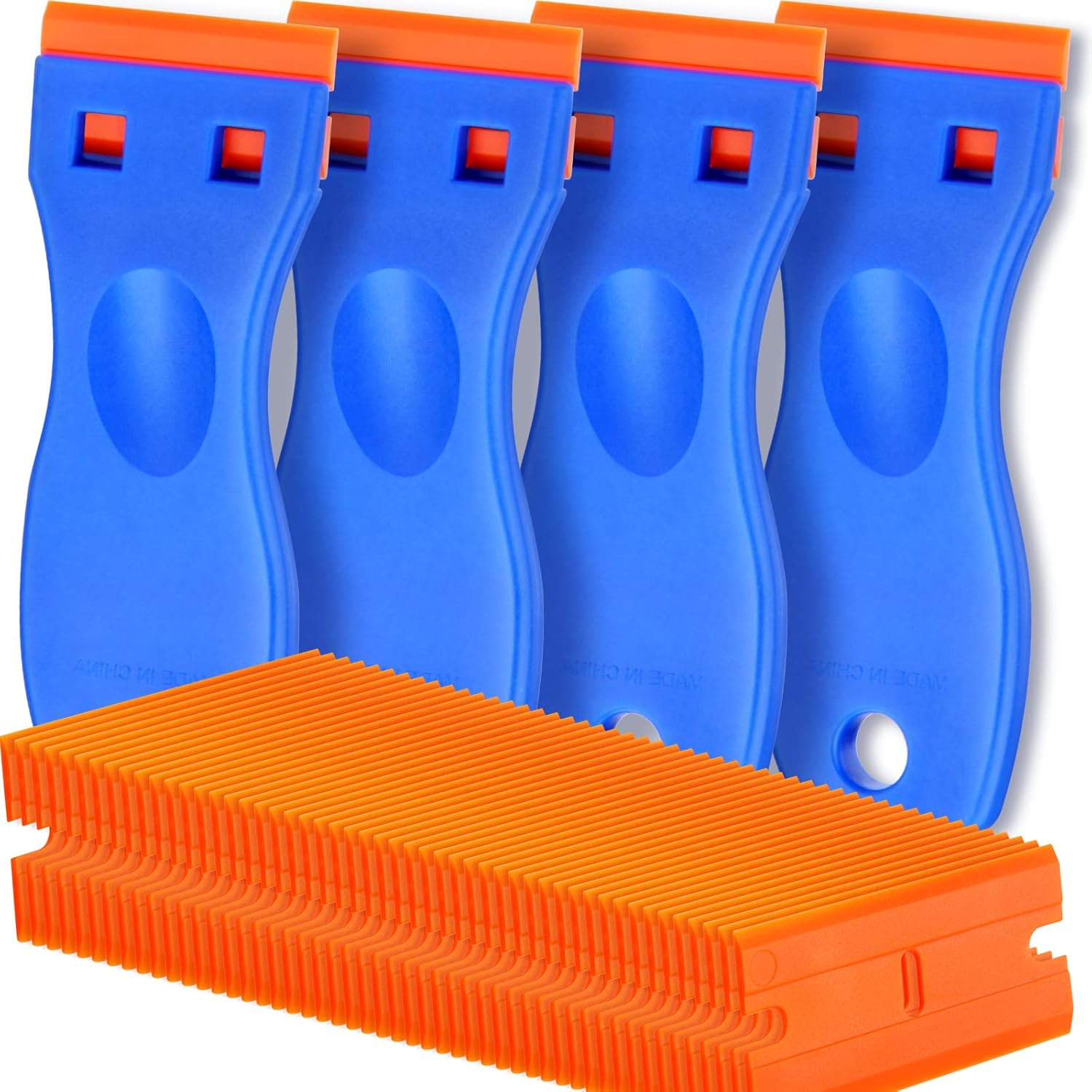 4 Pcs Plastic Razor Blade Scraper and 100 Pcs Blades, Remove Label Decal Tool， Forwithout Scratches Plastic Razor Blade Scraper, Adhesive Remover for Stickers, Gaskets and Paints on Window Car Glass