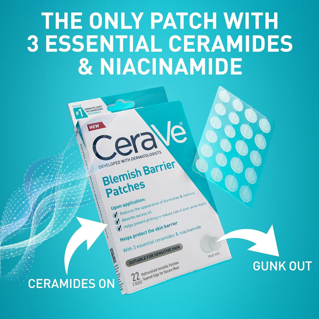 CeraVe Hydrocolloid Blemish Patches, Oil Absorbing Spot Control with Ceramides and Niacinamide, Allergy-Tested & Suitable For Sensitive Skin, Ultra-Thin & Blends Into All Skin Tones, 22ct