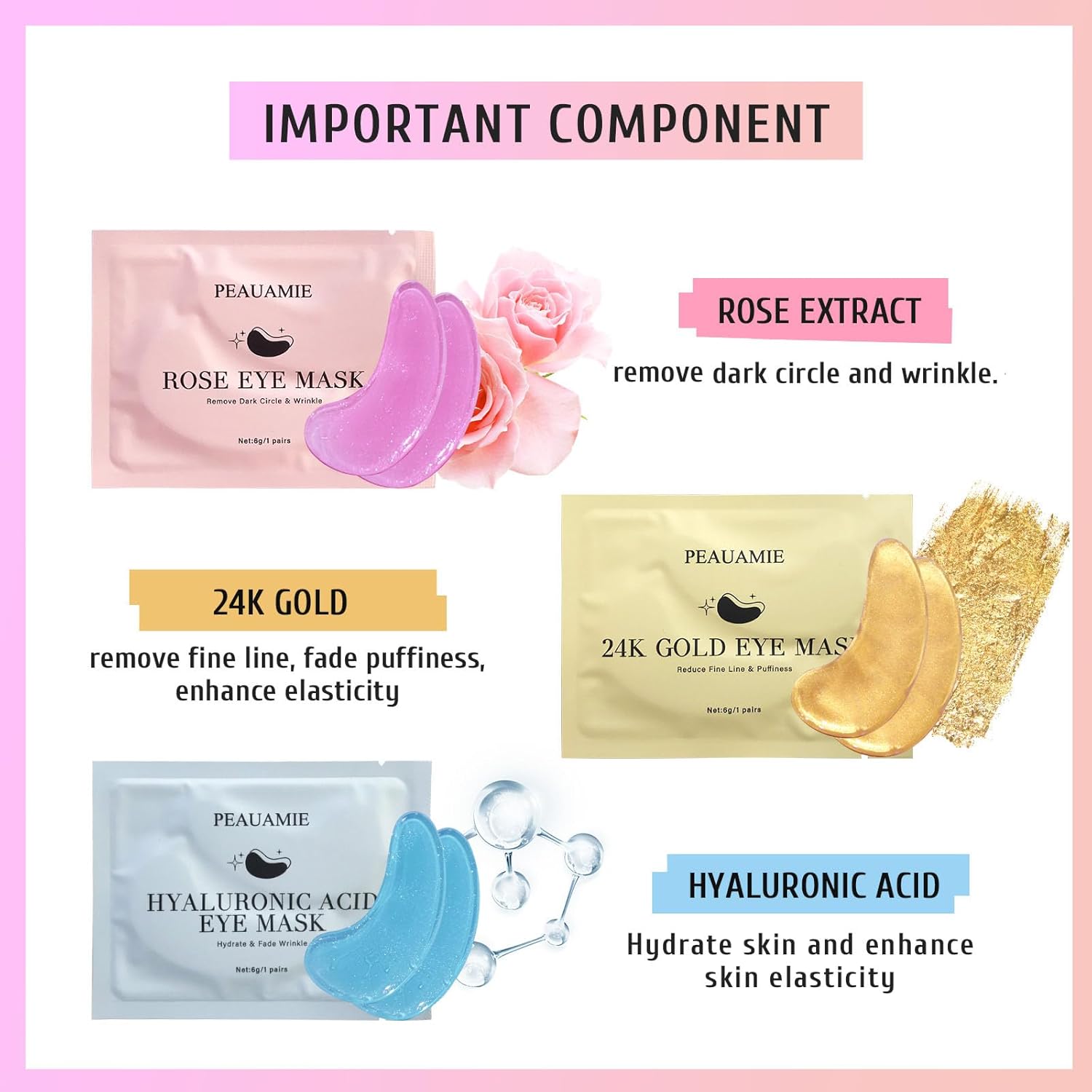 PEAUAMIE Under Eye Patches Gold and Hyaluronic Acid for puffy eyes,Rose Eye Masks for Dark Circles and Puffiness skin care Smooth Wrinkles products 30 Pairs