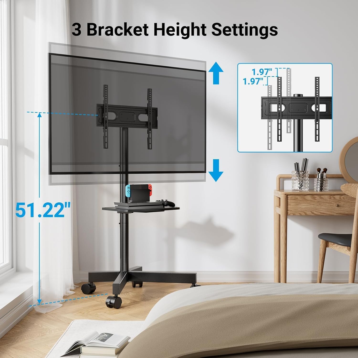 PERLESMITH Rolling TV Stand, Mobile TV Stand for 23-60 Inch LCD LED TVs, Tilt TV Stand Wheels Holds up to 88Lbs, Portable TV Stand for Bedroom with Shelf, Outdoor TV Stand Max VESA 400x400mm PSTVMC06