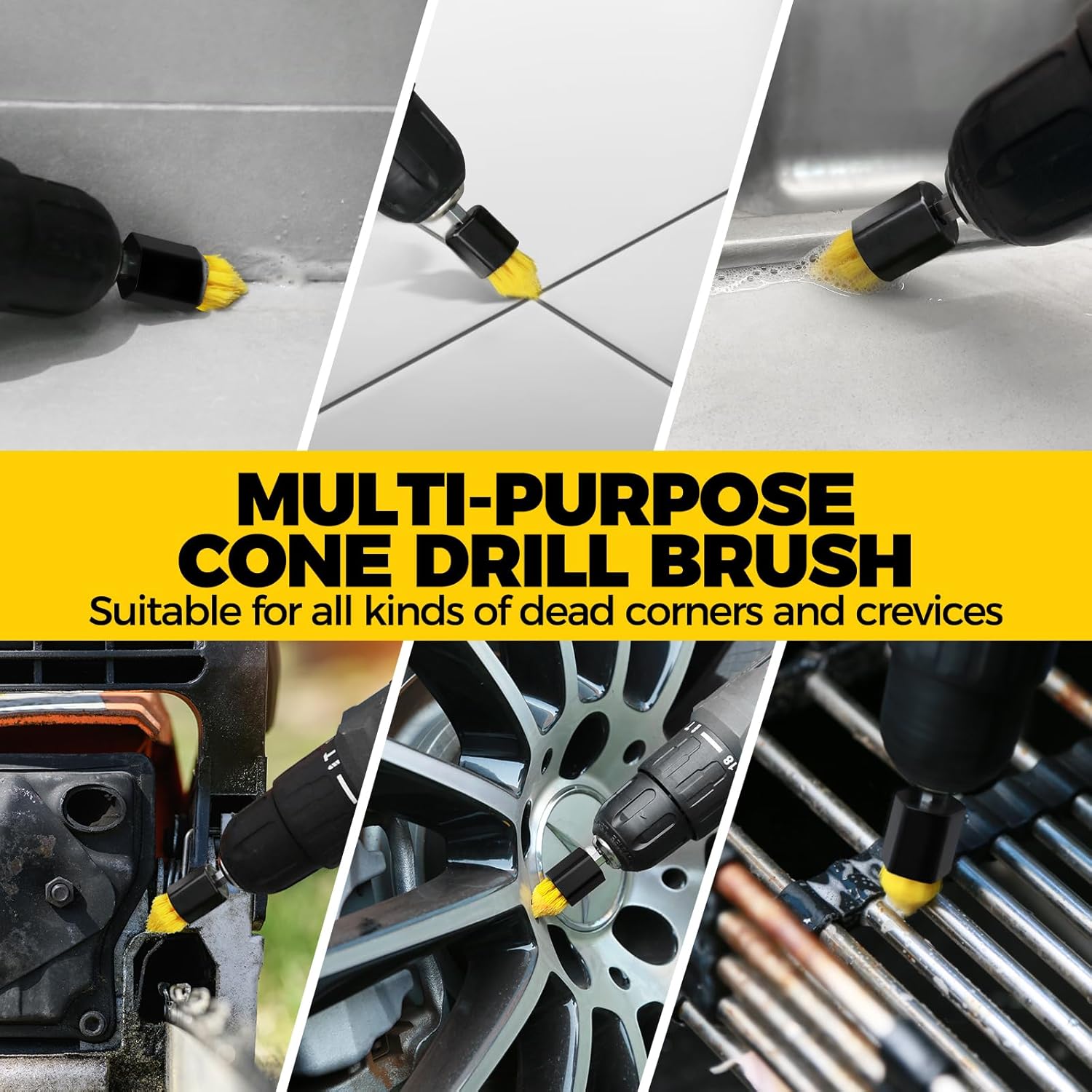 Holikme 6Pack Drill Brush Power Scrubber Cleaning Brush Extended Long Attachment Set All Purpose Drill Scrub Brushes Kit for Grout, Floor, Tub, Bathroom and Kitchen Surface,Scratch Brushes（Yellow）