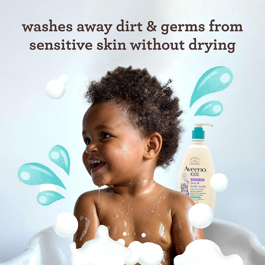 Aveeno Kids Face & Body Wash for Sensitive Skin, Oat Extract, Tear-Free, Non-Drying, Light Scent, Pump Dispenser, Hypoallergenic, Sulfate & Dye Free, 18 fl oz