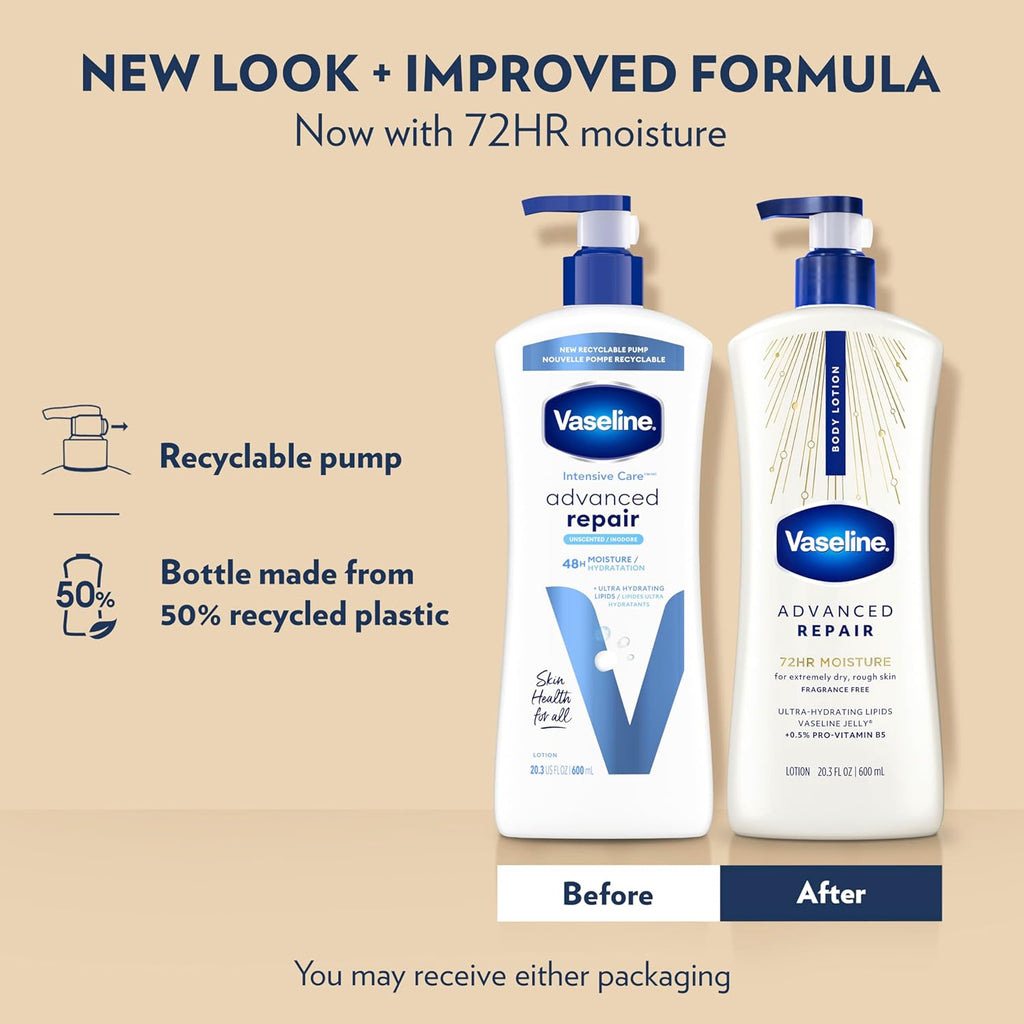 Vaseline Intensive Care Unscented Advanced Repair Body Lotion - Ultra-Hydrating with Lipids for Extremely Dry Skin, 20.3 oz, Pack of 3