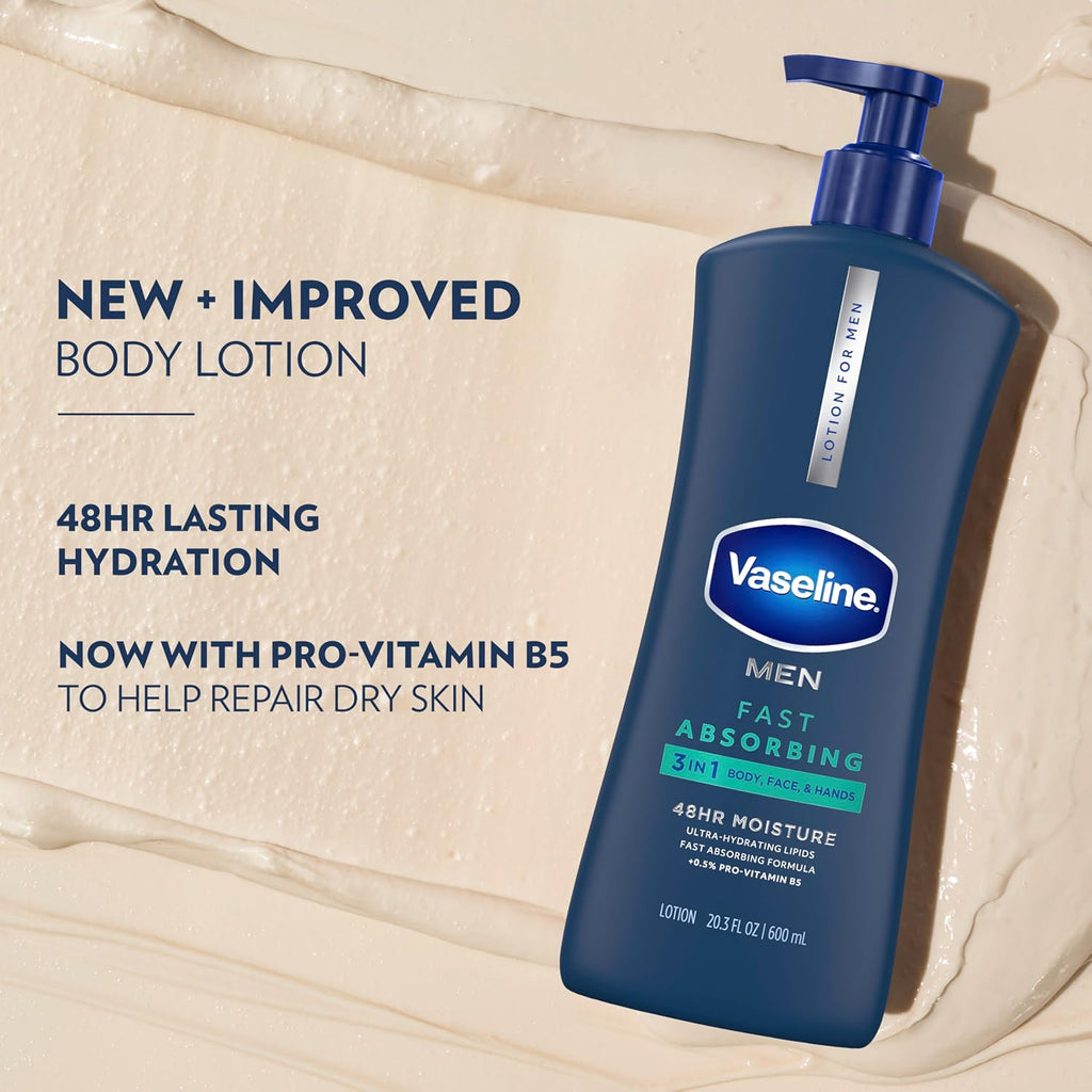 Vaseline Men's Healing Moisture Hand & Body Lotion For Dry or Cracked Skin Fast Absorbing Non-Greasy Lotion for Men 20.3 oz, Pack of 3