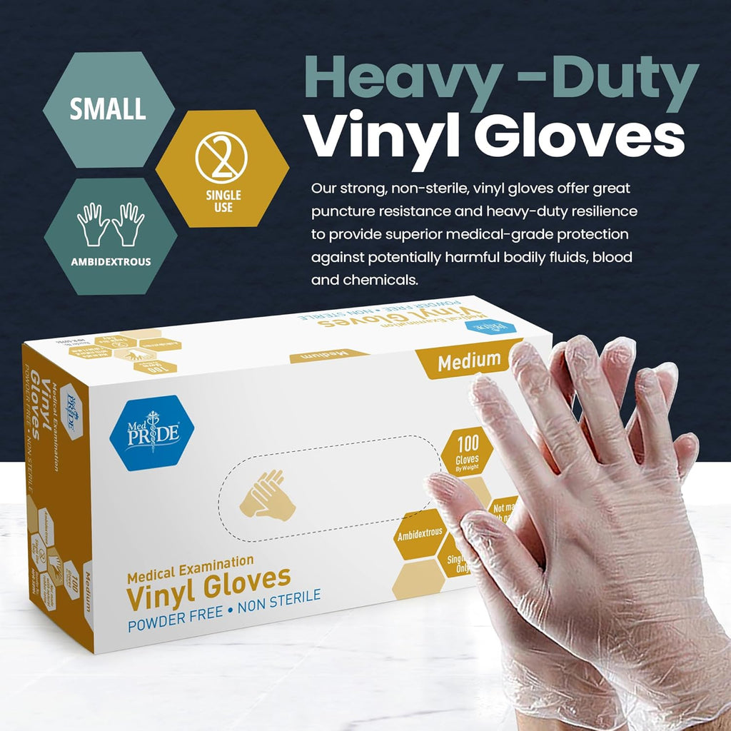 MED PRIDE Disposable Medical Grade Vinyl Exam Gloves, Latex & Powder Free, Ultra-Strong, for Healthcare & Food Handling (Medium (Pack of 100) 100 Clear)