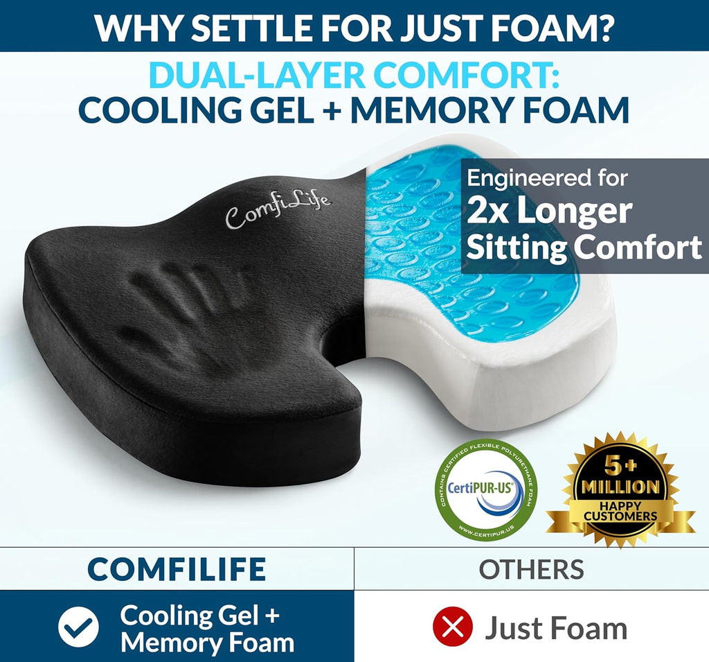 ComfiLife Premium Gel & Memory Foam Seat Cushion – Doctor Recommended Office Chair Cushion, Car Seat Cushion – Chair Cushions for Back & Sciatica Pain Relief – Seat Cushions for Office & Desk (Black)